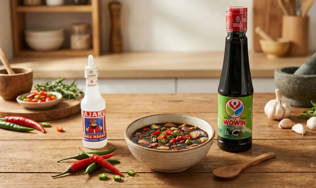 Cocolan kecap pedas segar dengan kecap manis Wowin dan cuka makan Rajaku