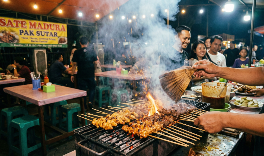 Proses pembakaran sate dengan teknik rendam