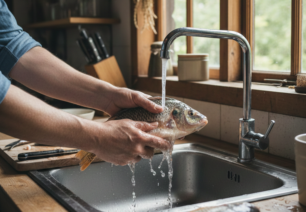 Mencuci ikan dengan air yang mengalir untuk hilangkan bau amis ikan