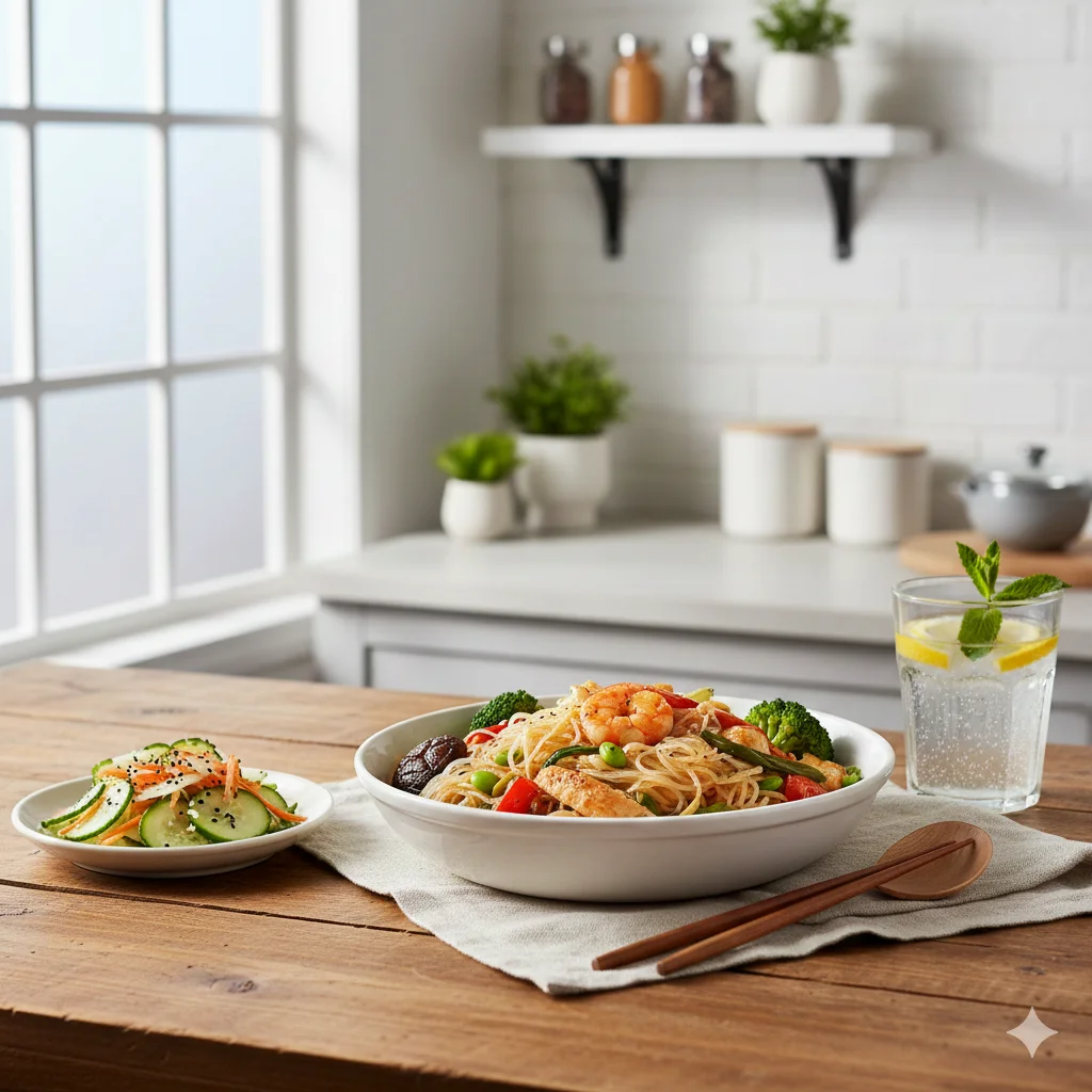 Masakan shirataki dengan sayuran dan dada ayam