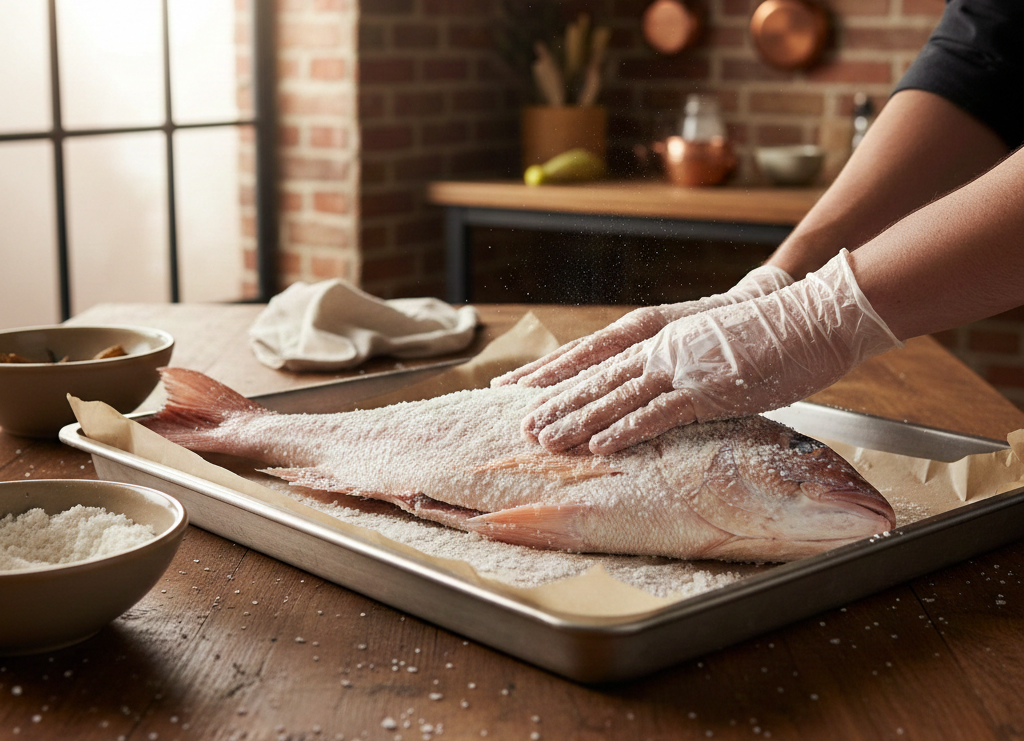 Membaluri ikan dengan garam dan tepung untuk menghilangkan amis