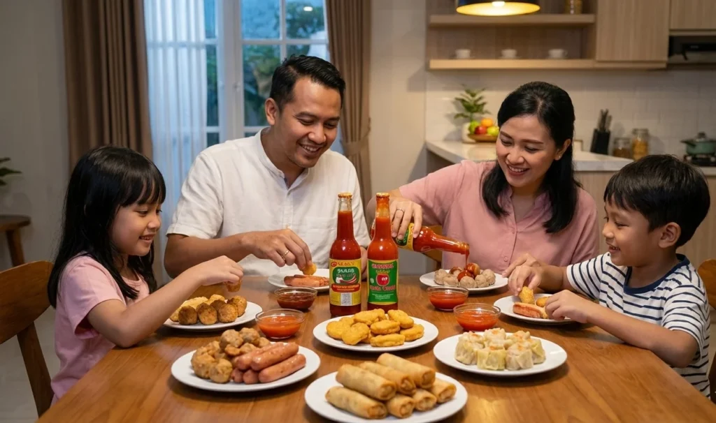 Keluarga yang makan bersama dengan Saus untuk frozen food  Raja Tomat dan Cabe Tani