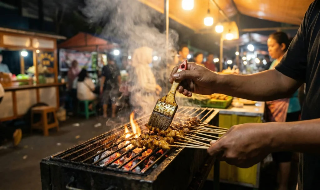 Mengoles sate dengan teknik khusus saat pembakaran agar tidak gosong