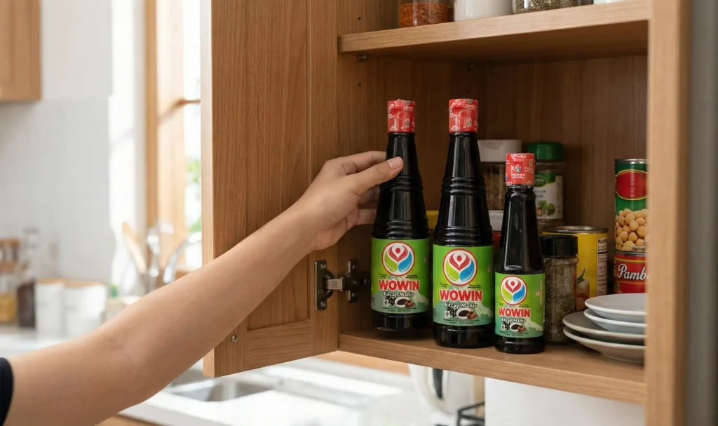 Menyimpan kecap manis di lemari dapur yang sejuk dan kering
