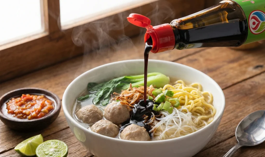 Mie ayam bakso yang ditambahkan kecap Wowin