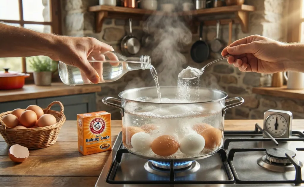 Merebus telur dengan tambahann cuka dan baking soda agar bisa di kupas telur rebus cepat