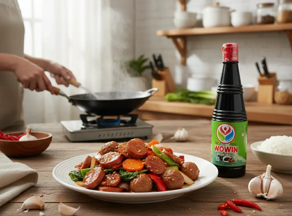 Tumis sosis dan bakso dengan kecap Wowin jadi salah satu menu bekal anti basi