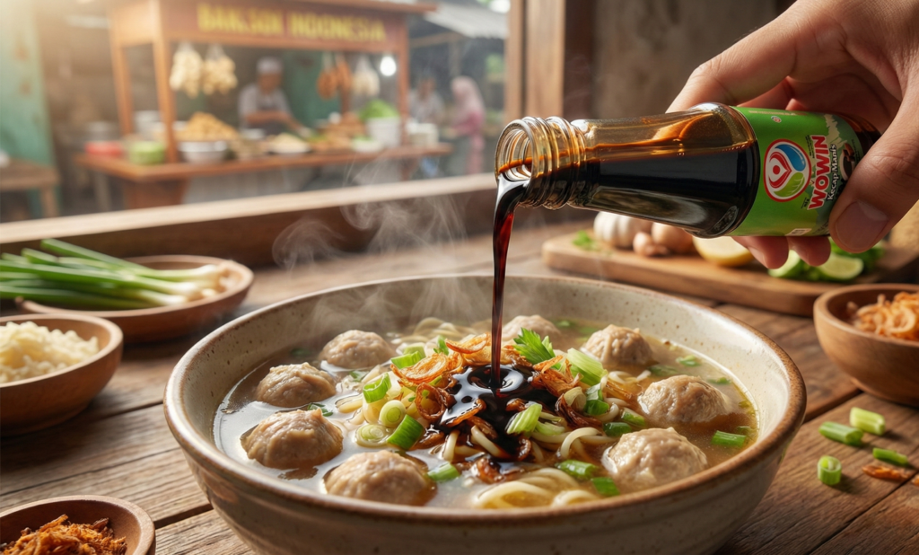 Kecap Wowin yang dituang langsung ke Bakso