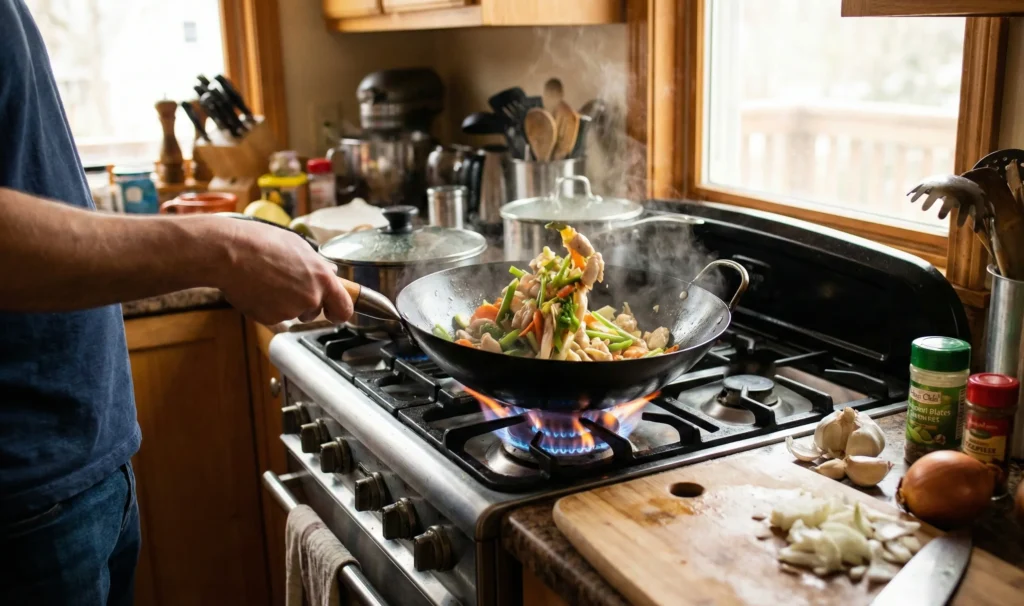 Memasak tummis sayuran dengan api besar dan cepat