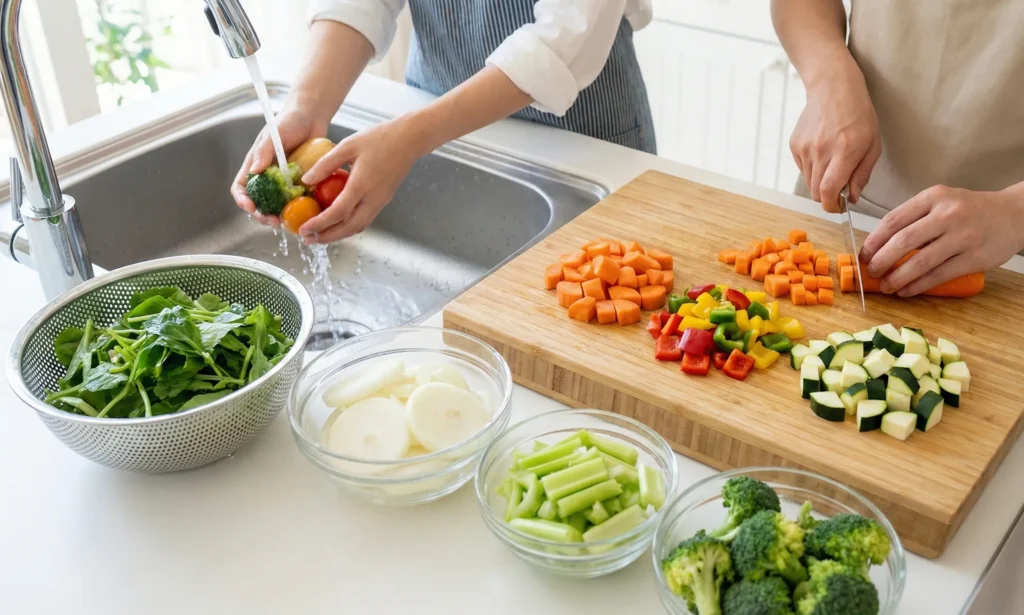 Mencuci dan memotong sayuran dengan ukuran seragam