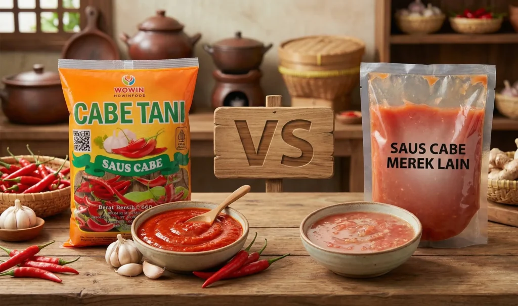Saus Pedas Enak Cabe Tani VS merek lain