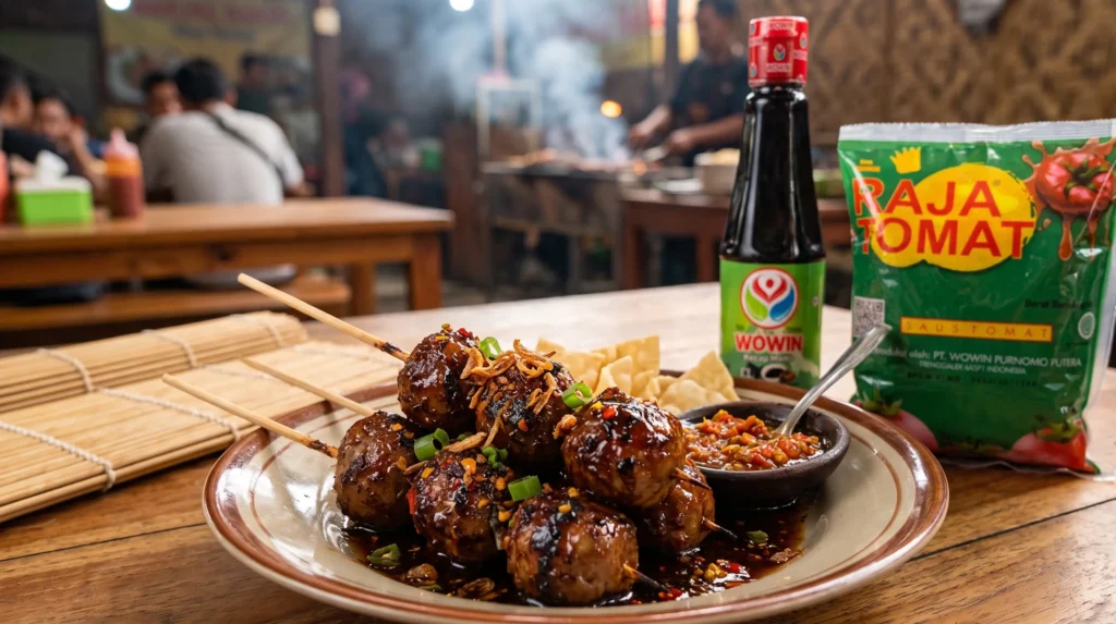 Bakso bakar khas Malang dengan kecap manis Wowin dan saus Raja Tomat